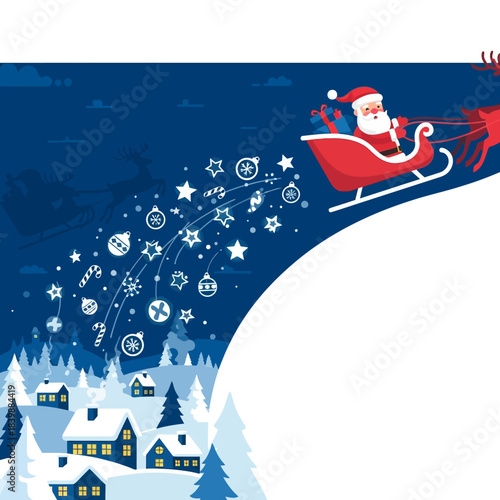 Vibrant flat 2D vector illustration of jovial Santa Claus soaring in his sleigh through the magical night sky, leaving a luminous trail of stars and bells cascading over a simplified winter village.