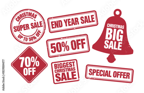 Red and white Christmas sale stamps with festive discount messages for holiday shopping, marketing, advertising, and promotional design use