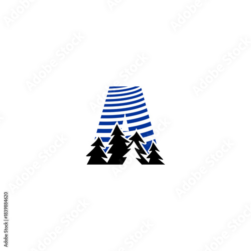 A clean pine forest silhouette blended with a bold alphabet background. Ideal for nature brands, outdoor adventure logos, camping identity, and minimalist eco-themed monograms.