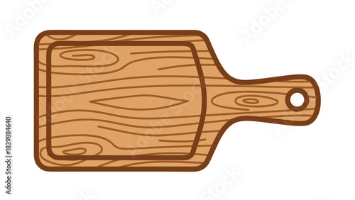 Simple Wooden Cutting Board with Grain Texture and Handle Against a Black Background Isolated Vector Graphic Illustration