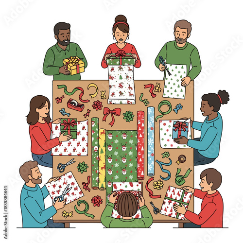 Ilustrasi vektor datar 2D yang meriah menampilkan sekelompok orang beragam yang gembira bekerja sama membungkus hadiah di atas meja panjang yang penuh dengan gulungan kertas kado pola Natal dan pita.