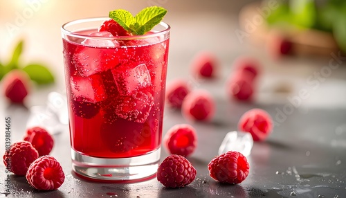 A glass of red raspberry cold drink with mint and fresh raspberries on the table