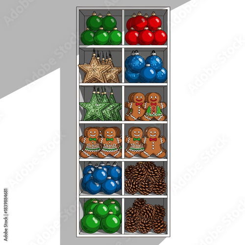 A detailed flat 2D vector scene featuring a vertical market shelf packed with vibrant Christmas ornaments: shiny baubles, glittering stars, and festive gingerbread men.