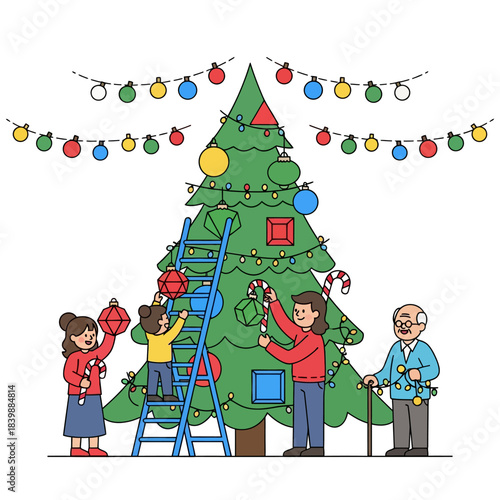 Keluarga multi-generasi yang bahagia berkolaborasi menghias pohon Natal tinggi dengan ornamen geometris besar dan lampu meriah dalam adegan ilustrasi vektor datar 2D yang cerah.