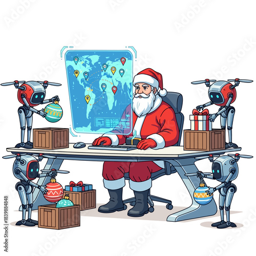 Vibrant flat 2D vector illustration: Santa Claus reviews a global delivery map on a holographic screen while automated drone elves pack stylized gifts at an ergonomic desk.