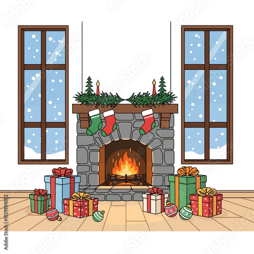 Ilustrasi vektor datar 2D ruang tamu interior yang hangat untuk Natal, menampilkan perapian menderu, kaus kaki gantung, dan hadiah di lantai kayu di bawah jendela besar dengan salju turun.