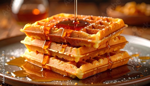 Stack of waffles with maple syrup