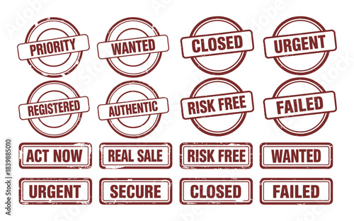 Red rubber stamp labels with marketing, registration, and urgency phrases in distressed style for advertising, documentation, and alert design