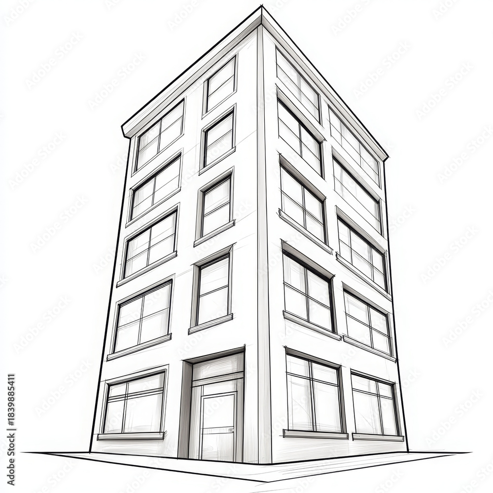 Fototapeta premium Simple office building exterior modern architecture urban corner minimal clean white sketch