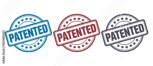Adobe Illustrator ArtworkColorful circular rubber stamp labels with PATENTED text and star borders for intellectual property, legal, and product authentication design use