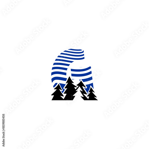 A clean pine forest silhouette blended with a bold alphabet background. Ideal for nature brands, outdoor adventure logos, camping identity, and minimalist eco-themed monograms.