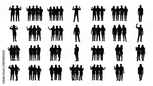 a collection of diverse human figures depicted in black silhouettes arranged on a plain white background showcasing different poses and actions silhouette