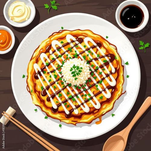 Delicious okonomiyaki japanese savory pancake with toppings and sauces