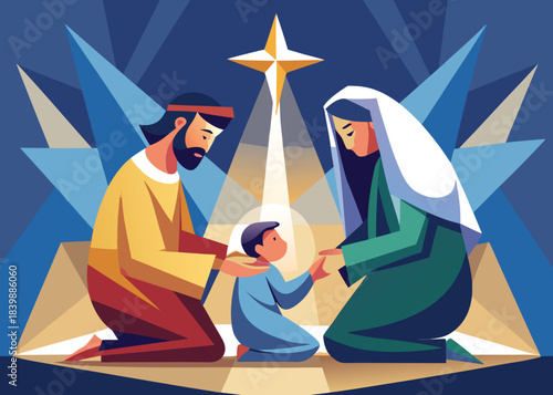 Stylized nativity scene depicting mary joseph and baby jesus under the guiding star of bethlehem