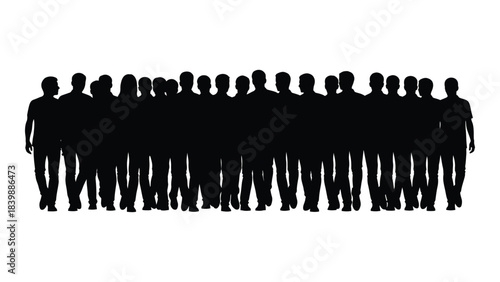 a large group of people standing closely together forming a dense dark shape against a white background silhouette