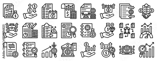 Financial Report Icon Set Collection Outline Style. Vector illustration.