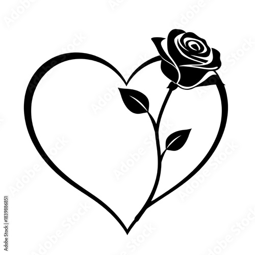 Heart and Rose Silhouette Design. Romantic Heart with Rose Flower Illustration. Love Heart and Rose Floral Symbol.