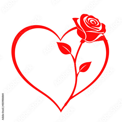 Rose Wrapped Around Heart Outline Vector. Valentine Heart with Rose Silhouette.