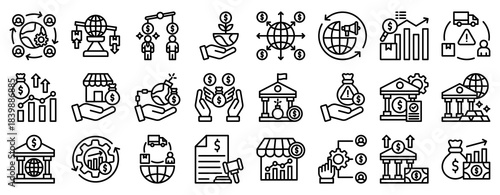 Global Market Icon Set Collection Outline Style. Vector illustration.