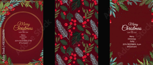 Vector Christmas cards set with holiday party card templates, modern festive design collection featuring Christmas elements, elegant typography, decorative ornaments and winter icons, seasonal celebra