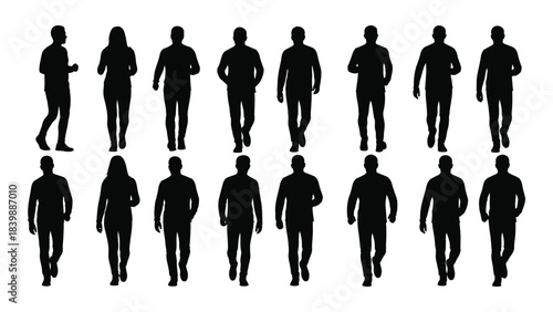 a collection of diverse human figures walking forward presented in a stark black and white silhouette