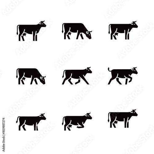 Black Cow and Bull Icons Set Grazing Standing and Walking Poses