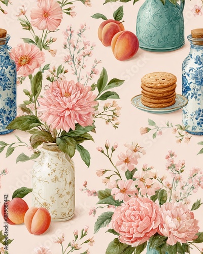 Romantic pastel fairy tile with whimsical fairy pastel pattern with peaches cookies and milk bottles, dreamy whimsical fairy pastel pattern in romantic retro feminine style, pastel fairy background 