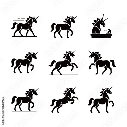 Unicorn Mythical Creature Icon Set Running Standing and Prancing