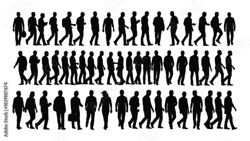 a series of black silhouettes depicting people walking in various stages of movement and posture silhouette