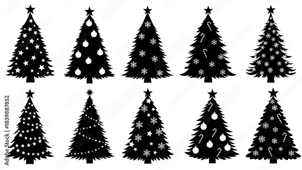 Obraz premium Christmas tree icon collection. Includes decorated trees with ornaments and stars. Created in black silhouette style with white accents.