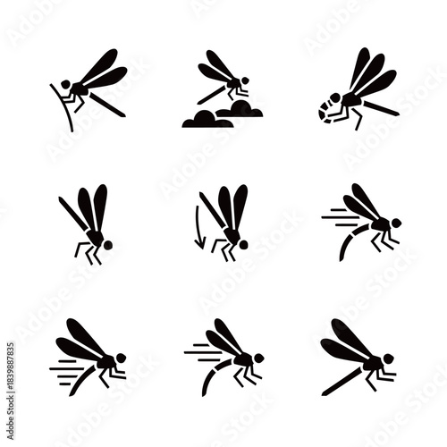 Dragonfly Flying and Resting Icons Collection Set in Various Poses