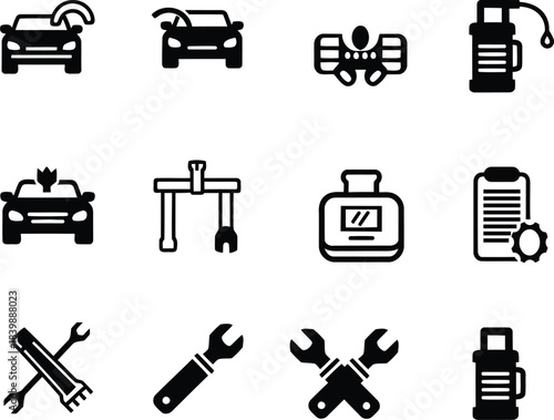 Car service and repair icon set collection bundle including remote access car wash fuel pump oil maintenance checklist wrench tools silhouette isolated.