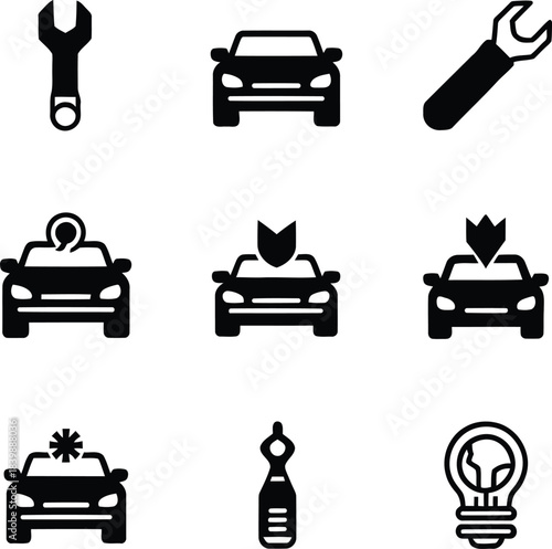 Car maintenance and repair service silhouette icon set collection bundle vehicle auto transportation industry vector illustration isolated.