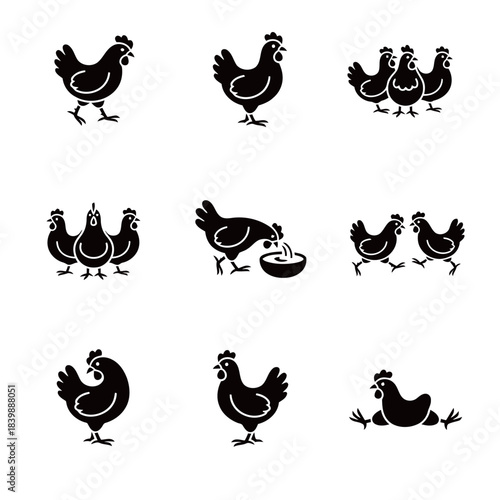 Black Chicken and Hen Icons Set Feeding and Group Poses on Farm