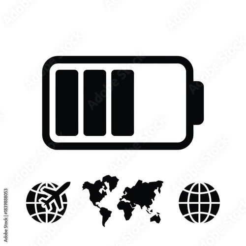 Battery charge level with global travel and connectivity icons