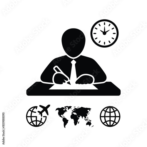 Business traveler planning a trip with a clock and world map