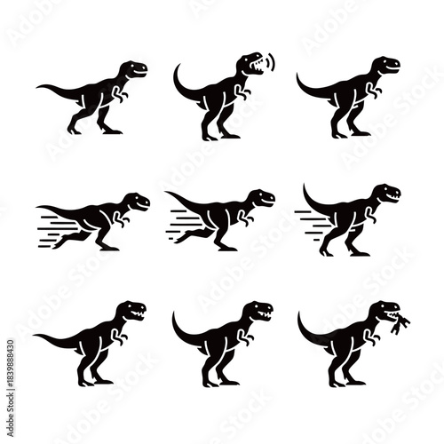 Tyrannosaurus Rex Dinosaur Icon Set Running Roaring and Eating