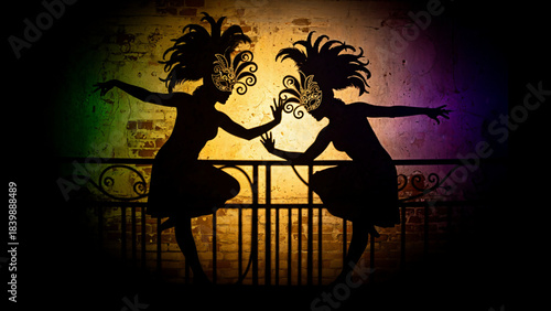 Fantasy illustration, shadow dance on the wall, recognizable by Mardi Gras feathers and masks. 