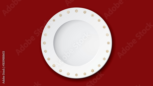 Top view of empty dish with golden snowflake decoration on red background