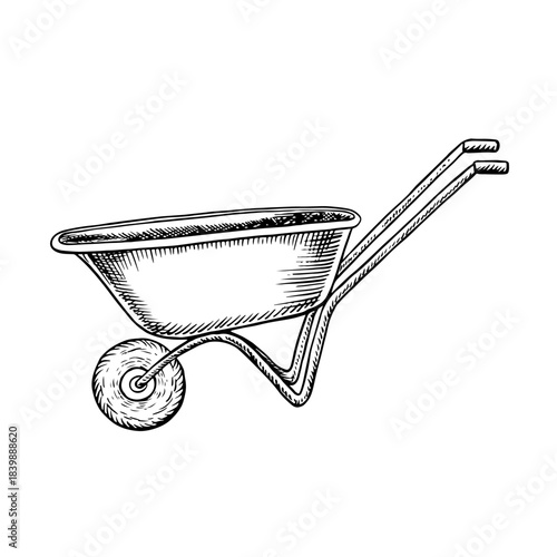 Garden or construction wheelbarrow. Black and white vector illustration drawn by hand. Concept of an agricultural tool. Element of banner, label, postcard, and more design.