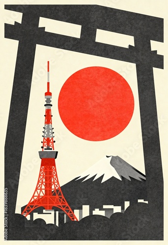 Minimalist Tokyo Travel Poster with Tower and Mt Fuji