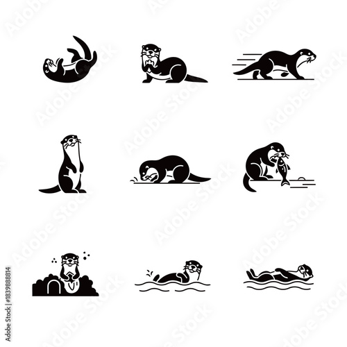 Otter Aquatic Mammal Icons Set: Dynamic Monochromatic Glyphs Illustrating Playful River and Sea Life