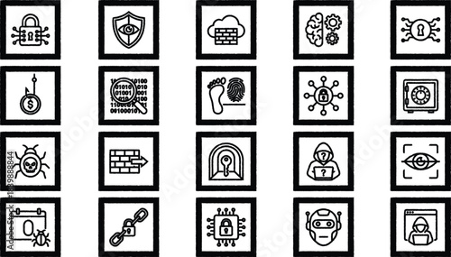 Collection of cybersecurity icons for technology and data protection