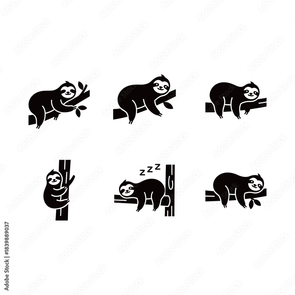 Naklejka premium Sloth Tropical Mammal Icons Collection: Monochromatic Graphic Set Depicting Slow Movement and Resting on Branches