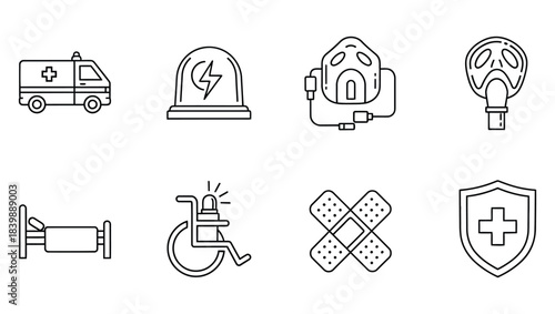 Medical and Emergency Icons Ambulance, Bed, Mask, Bandage, Shield, Wheelchair
