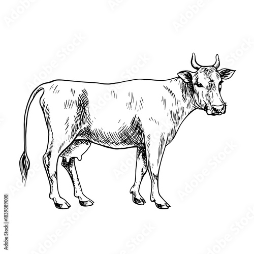 A cow standing in profile. Black and white vector illustration drawn by hand. Perfect for dairy farms or agricultural projects. Also suitable for labels, packaging, banners, and more.