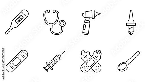 Medical Equipment Icons Thermometer, Stethoscope, Syringe, and More