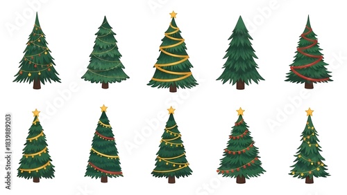 Clip art of various Christmas trees on white.