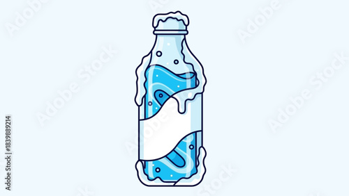 Cold Beverage Bottle Illustration: A refreshing bottle, illustrated with cool blue tones, suggesting a chilled beverage, perfect for a hot day. 
