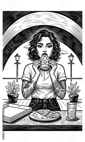 Tattooed Woman Enjoying Pizza – Hand-Drawn Black and White Illustration